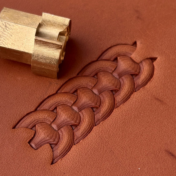 Basket Weave leather stamp LT415 — brass stamping tool with imprint on natural veg-tan leather