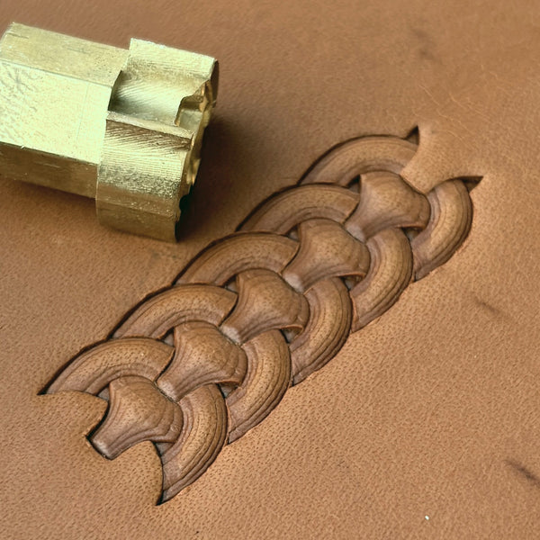 Basket Weave leather stamp LT415 — brass stamping tool with imprint on natural veg-tan leather