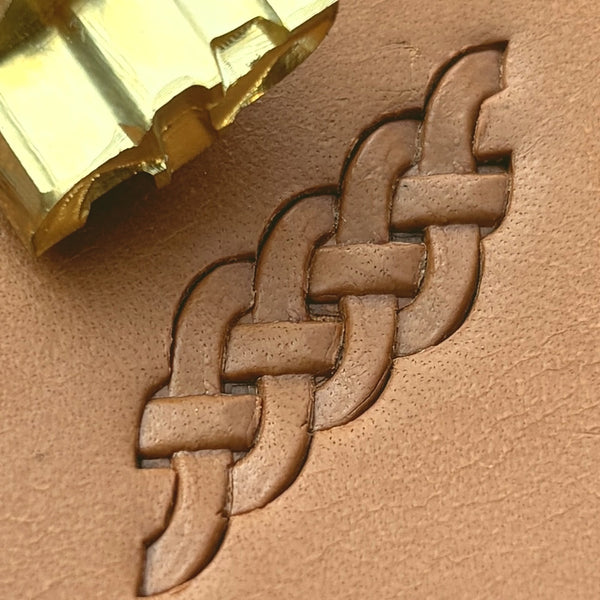 Interlaced Strip Basket Weave leather stamp LT419 — brass stamping tool with imprint on natural veg-tan leather