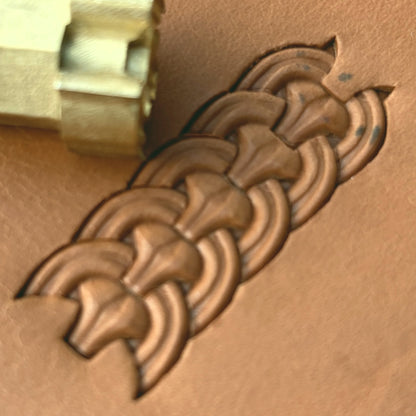 Curved Links Basket Weave leather stamp LT420 — brass stamping tool with imprint on natural veg-tan leather