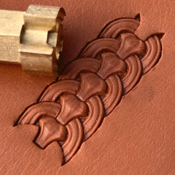 Chain Link Basket Weave leather stamp LT421 — brass stamping tool with imprint on natural veg-tan leather