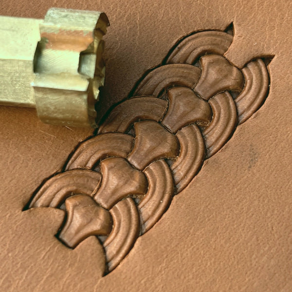 Chain Link Basket Weave leather stamp LT421 — brass stamping tool with imprint on natural veg-tan leather