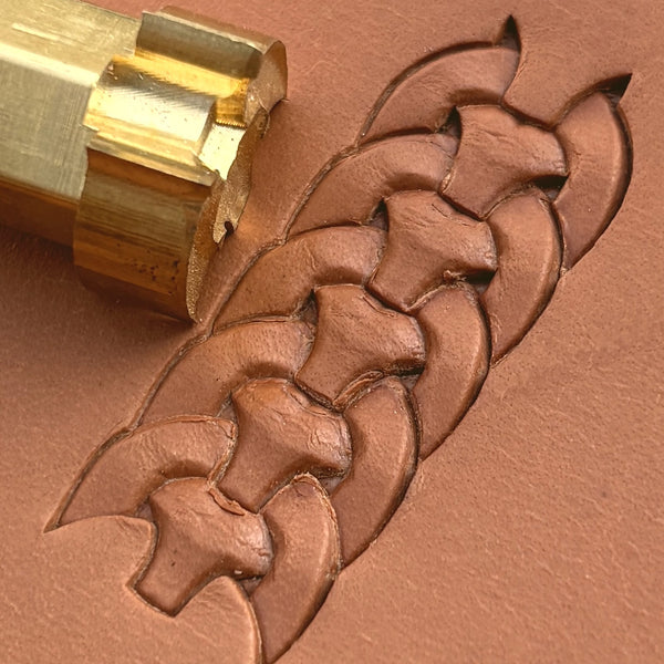 Chain Link Basket Weave leather stamp LT422 — brass stamping tool with imprint on natural veg-tan leather