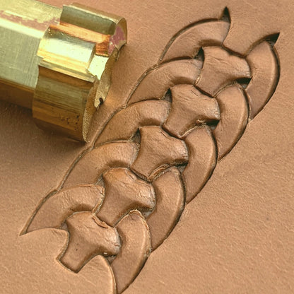 Chain Link Basket Weave leather stamp LT422 — brass stamping tool with imprint on natural veg-tan leather
