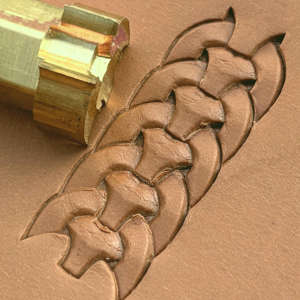 Chain Link Basket Weave leather stamp LT422 — brass stamping tool with imprint on natural veg-tan leather