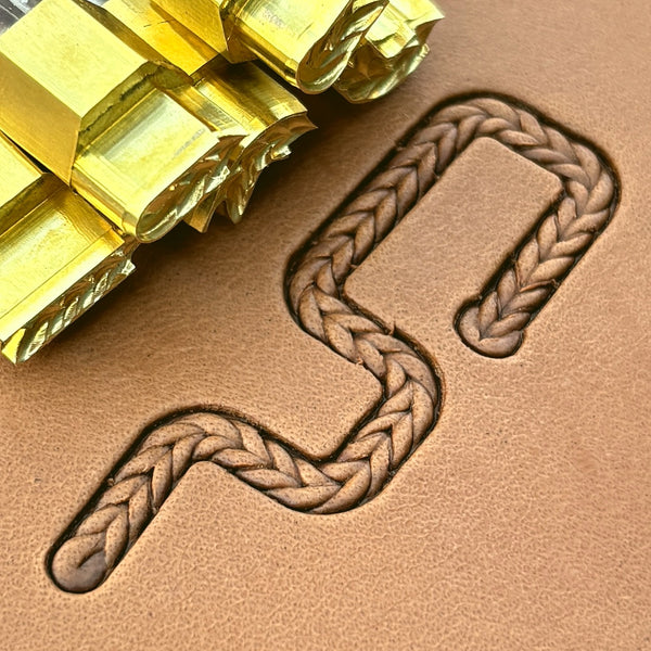 Fine Herringbone Braid leather stamp set LT426, brass stamps shown with their impressions on leather