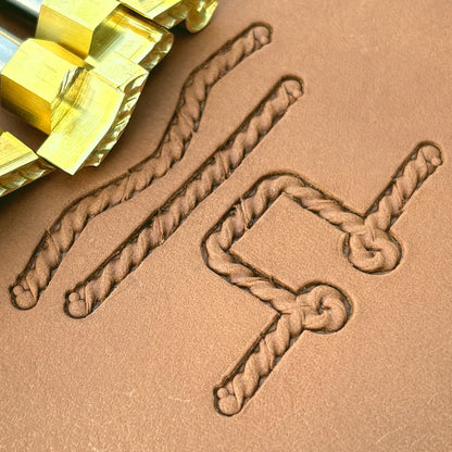 Fine Cord Rope leather stamp set LT427, brass stamps shown with their impressions on leather