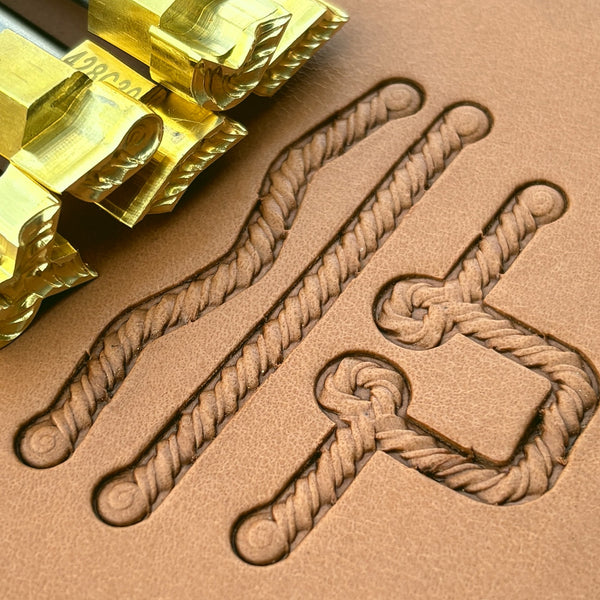 Coiled-End Rope leather stamp set LT428, brass stamps shown with their impressions on leather