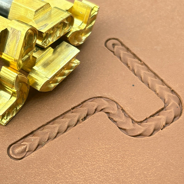 Wide Herringbone Braid leather stamp set LT429, brass stamps shown with their impressions on leather