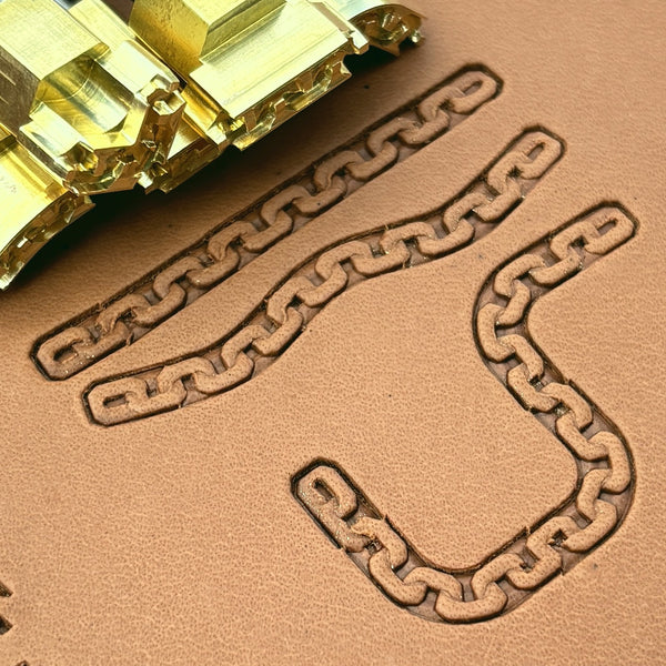 Box Link Chain leather stamp set LT431, brass stamps shown with their impressions on leather