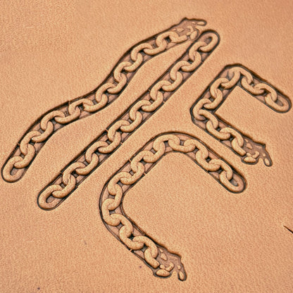 Oval Link Chain leather stamp set LT432, straight runs, corners and ends combined into a border on leather