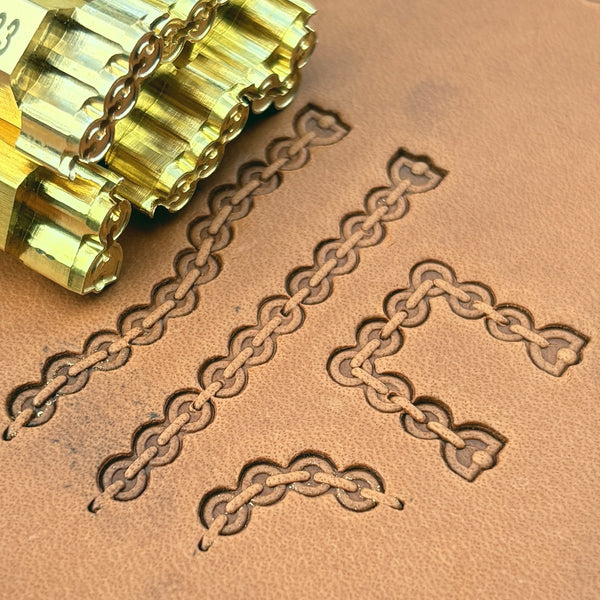 Round Link Chain leather stamp set LT433, brass stamps shown with their impressions on leather