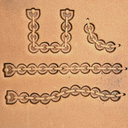 Round Link Chain leather stamp set LT433, straight runs, corners and ends combined into a border on leather