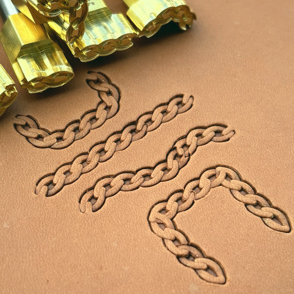 Curb Chain leather stamp set LT435, brass stamps shown with their impressions on leather