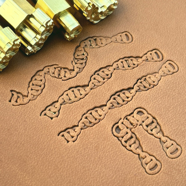 Double Link Chain leather stamp set LT436, brass stamps shown with their impressions on leather