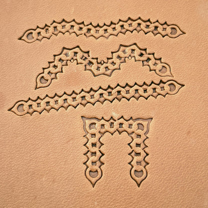 Spiked Chain leather stamp set LT442, straight runs, corners and ends combined into a border on leather