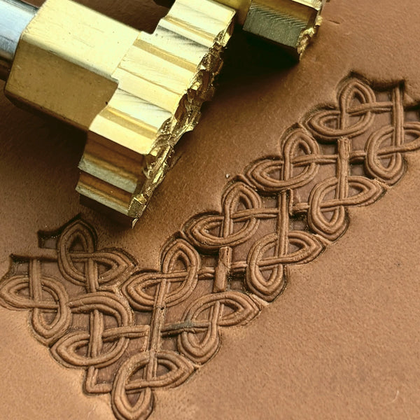 Celtic Knot leather stamp LT501 — brass stamping tool with imprint on natural veg-tan leather