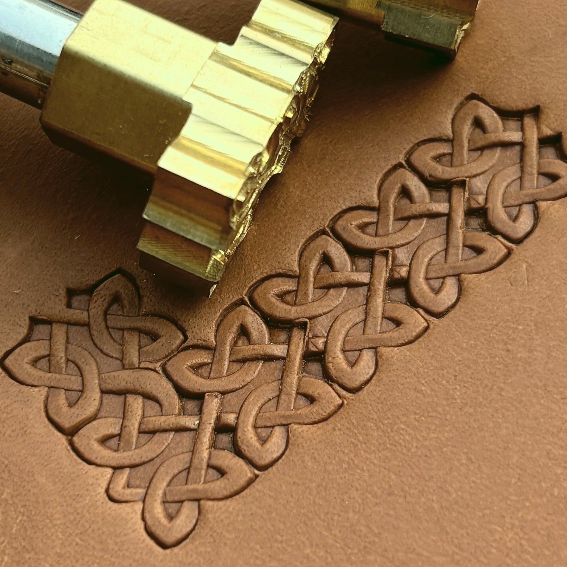 Celtic Knot leather stamp LT502 — brass stamping tool with imprint on natural veg-tan leather