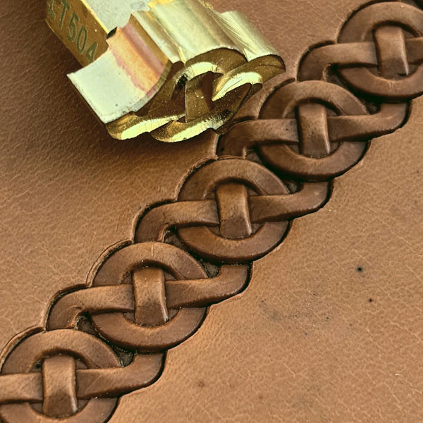 Celtic Knot leather stamp LT504 — brass stamping tool with imprint on natural veg-tan leather
