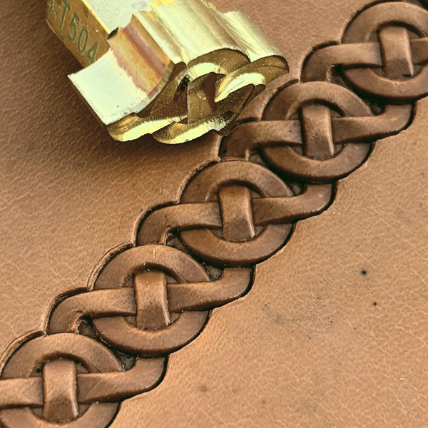 Celtic Knot leather stamp LT504 — brass stamping tool with imprint on natural veg-tan leather