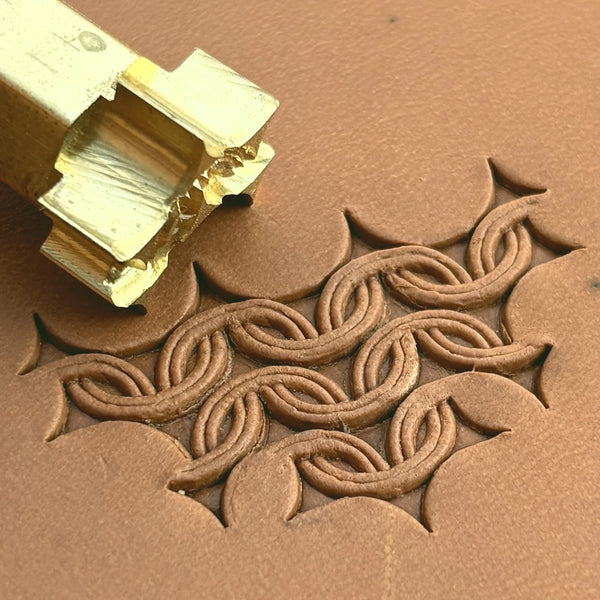 Chain Links Geometric leather stamp LT506 — brass stamping tool with imprint on natural veg-tan leather