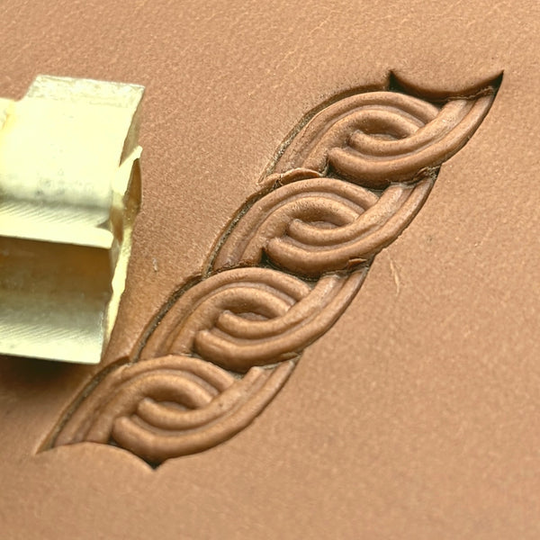 Chain Link Geometric leather stamp LT507 — brass stamping tool with imprint on natural veg-tan leather