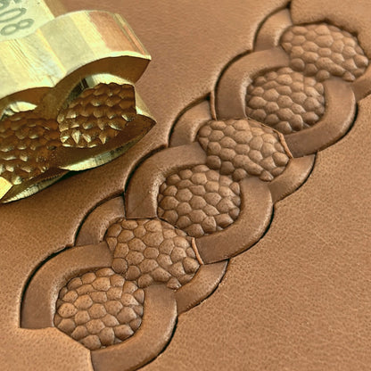 Honeycomb Chain Geometric leather stamp LT508 — brass stamping tool with imprint on natural veg-tan leather