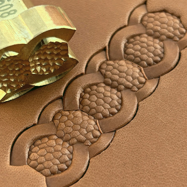 Honeycomb Chain Geometric leather stamp LT508 — brass stamping tool with imprint on natural veg-tan leather