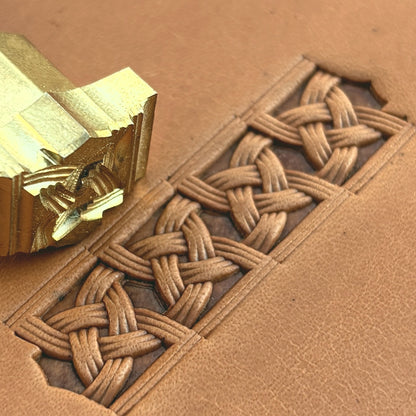 Celtic Weave Basket Weave leather stamp LT510 — brass stamping tool with imprint on natural veg-tan leather