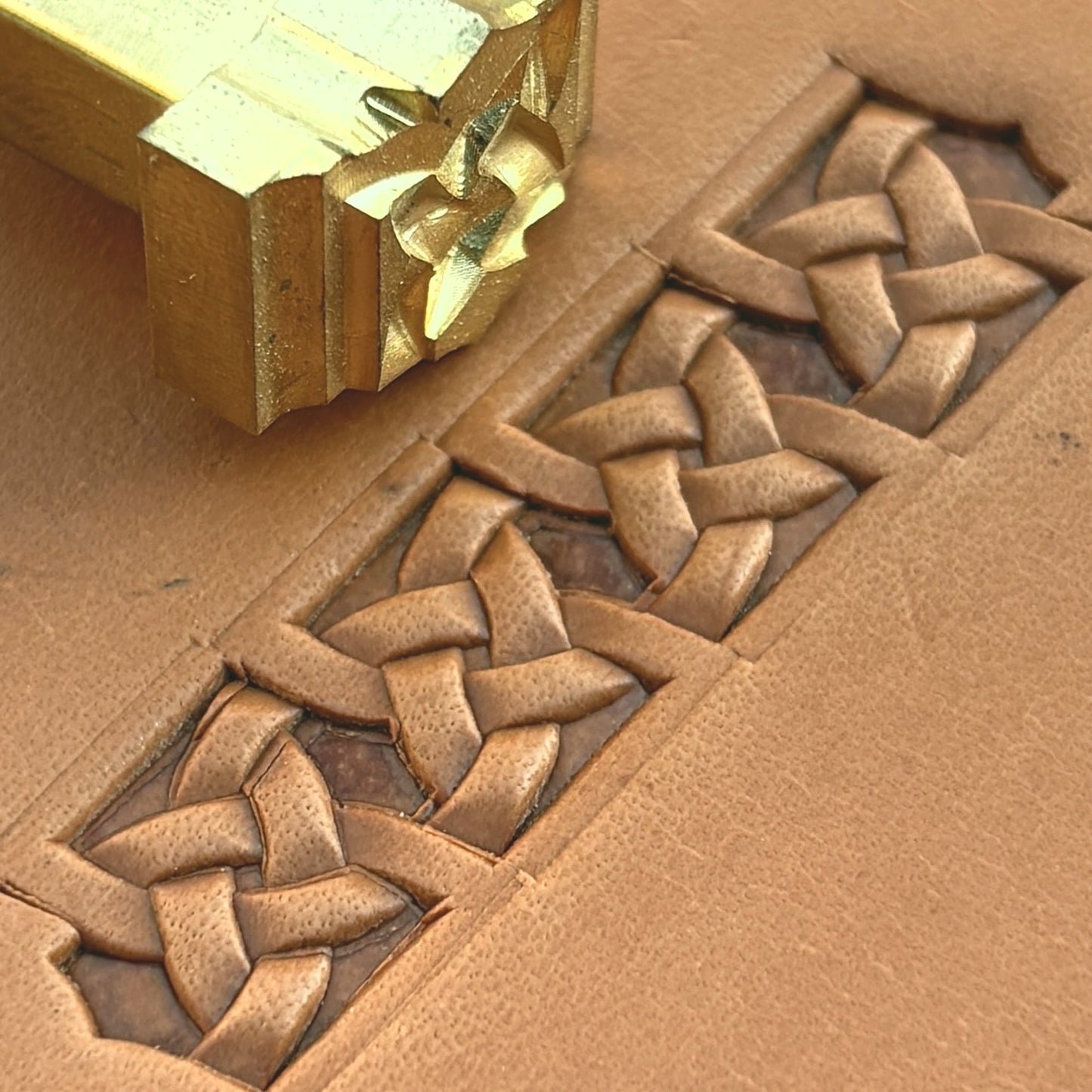 Celtic Knot Geometric leather stamp LT512 — brass stamping tool with imprint on natural veg-tan leather