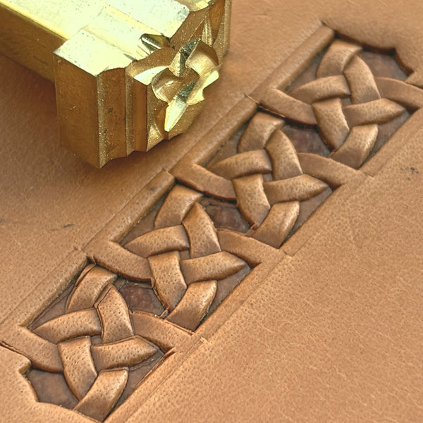 Celtic Knot Geometric leather stamp LT512 — brass stamping tool with imprint on natural veg-tan leather