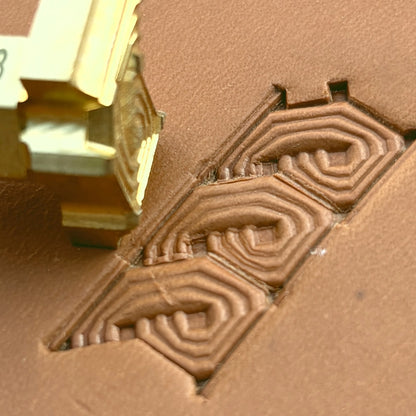Maze Lines Geometric leather stamp LT513 — brass stamping tool with imprint on natural veg-tan leather