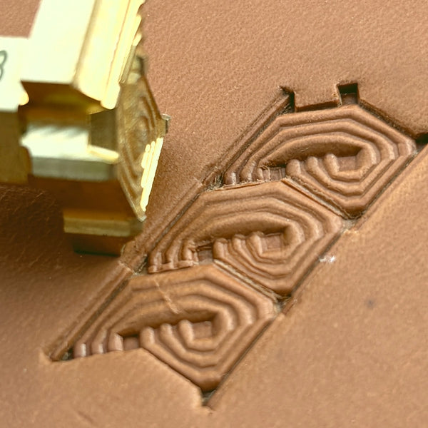 Maze Lines Geometric leather stamp LT513 — brass stamping tool with imprint on natural veg-tan leather
