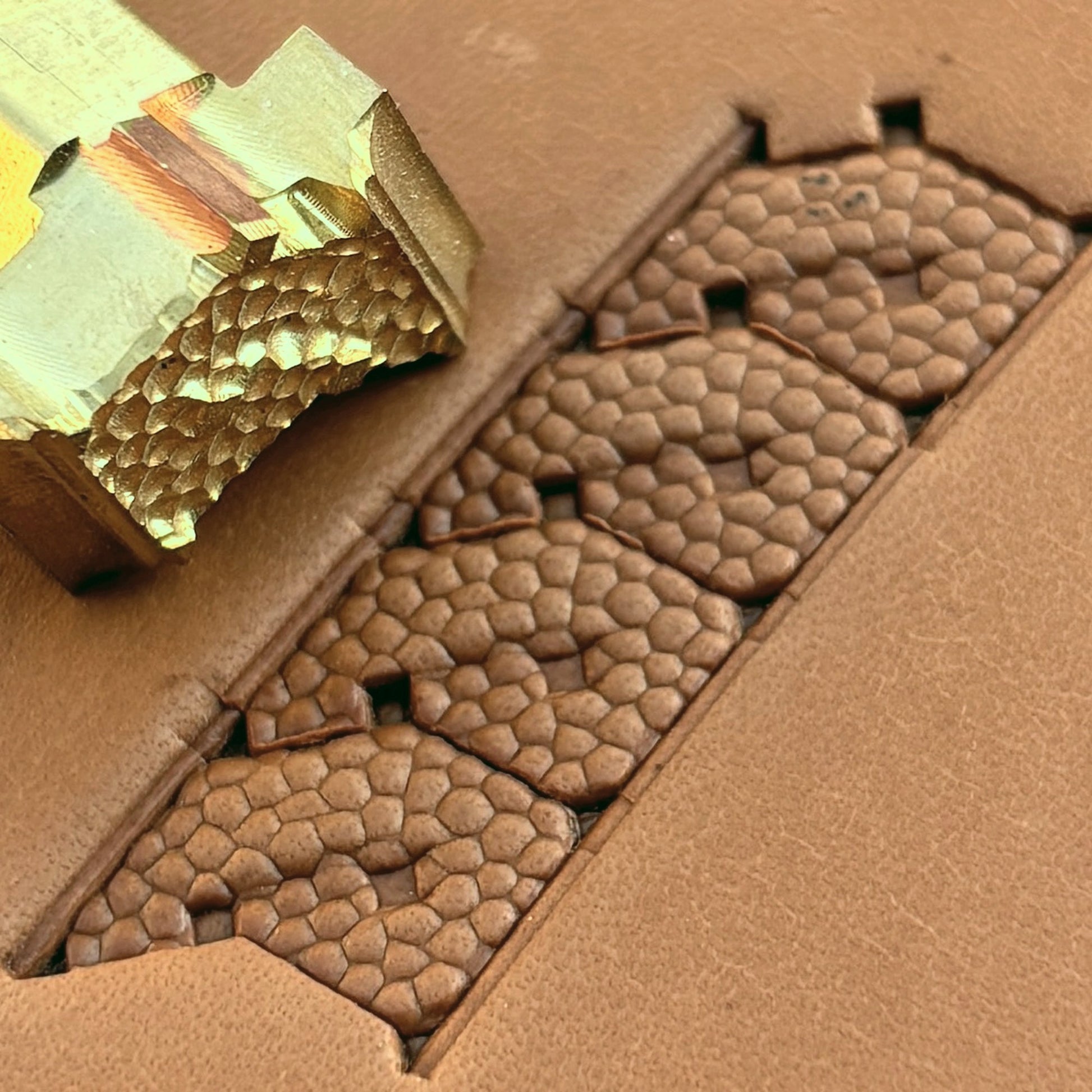 Honeycomb Fill Geometric leather stamp LT514 — brass stamping tool with imprint on natural veg-tan leather