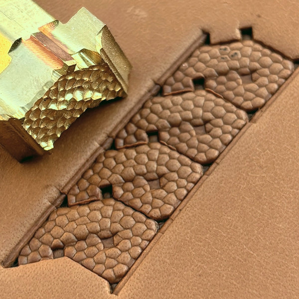 Honeycomb Fill Geometric leather stamp LT514 — brass stamping tool with imprint on natural veg-tan leather