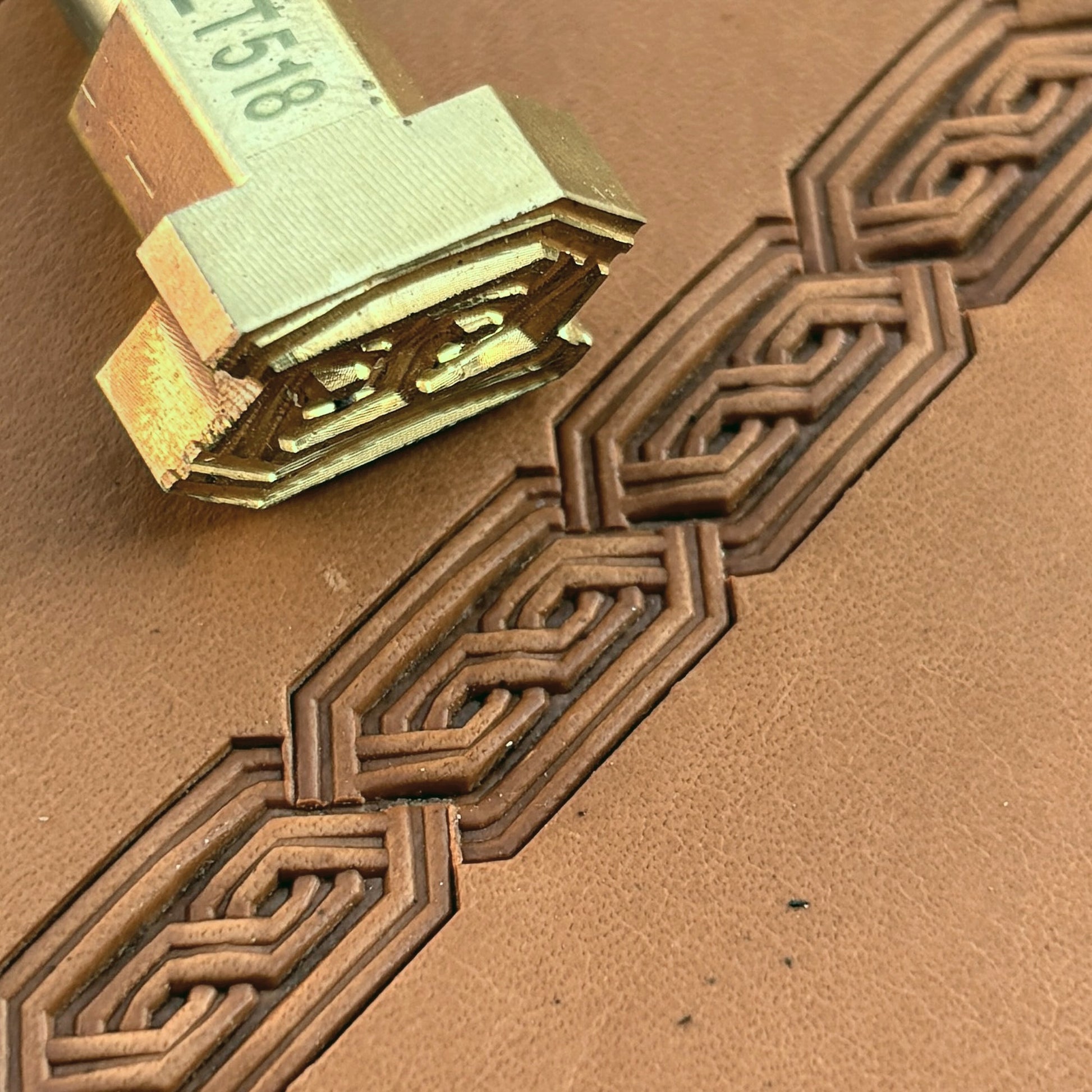 Chain Border Geometric leather stamp LT518 — brass stamping tool with imprint on natural veg-tan leather