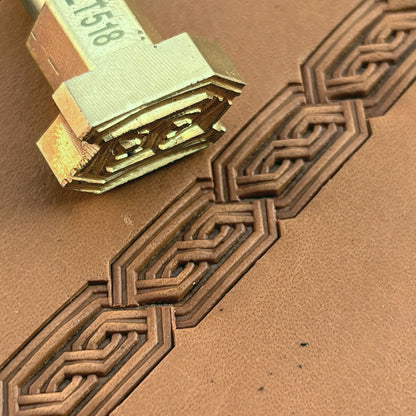Chain Border Geometric leather stamp LT518 — brass stamping tool with imprint on natural veg-tan leather