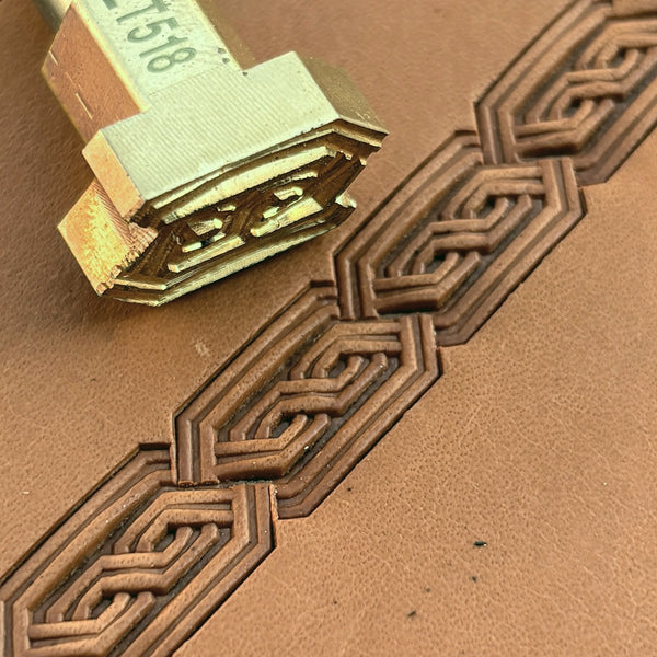 Chain Border Geometric leather stamp LT518 — brass stamping tool with imprint on natural veg-tan leather