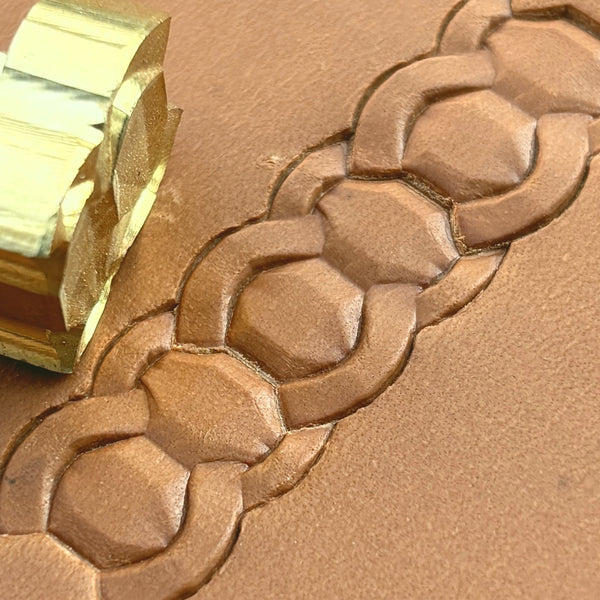 Chain Link Geometric leather stamp LT519 — brass stamping tool with imprint on natural veg-tan leather