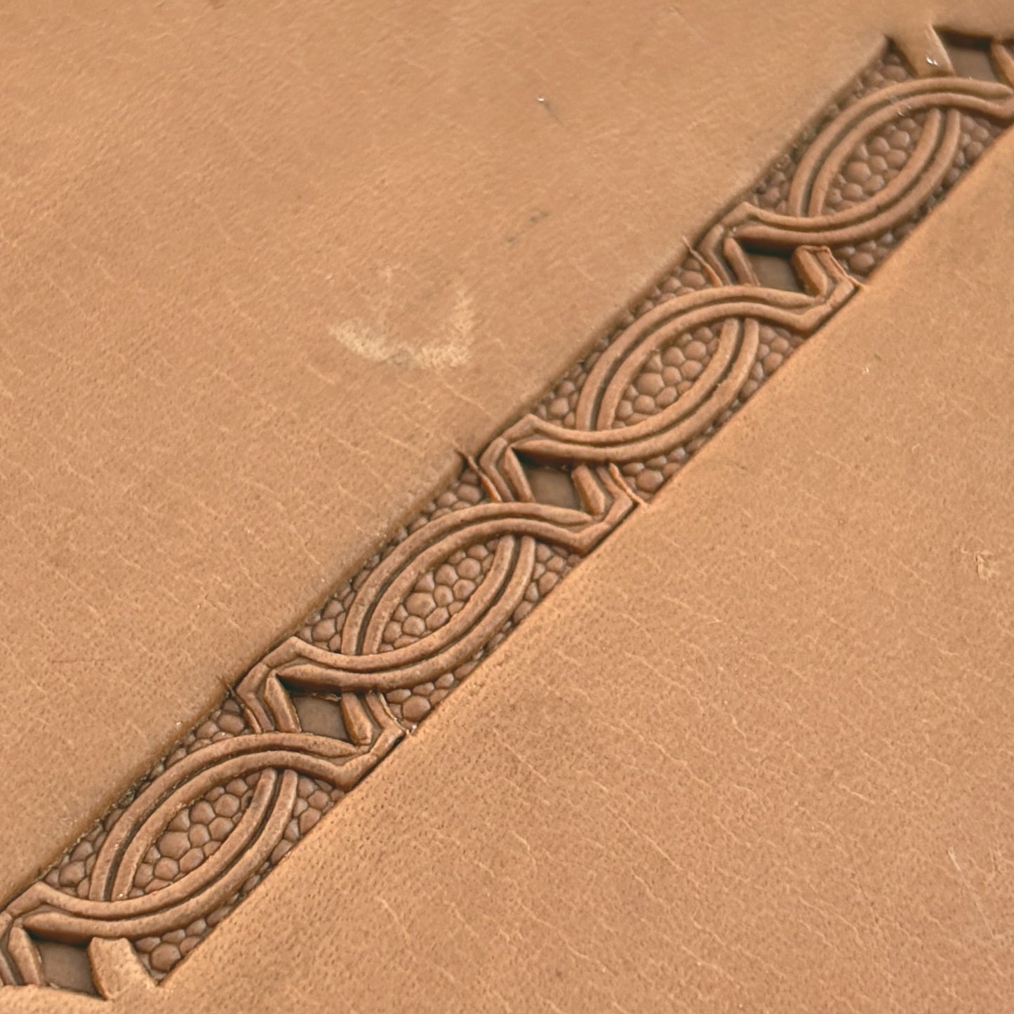 Interlinked Ovals Border Geometric leather stamp LT521 — pattern imprint on veg-tan leather