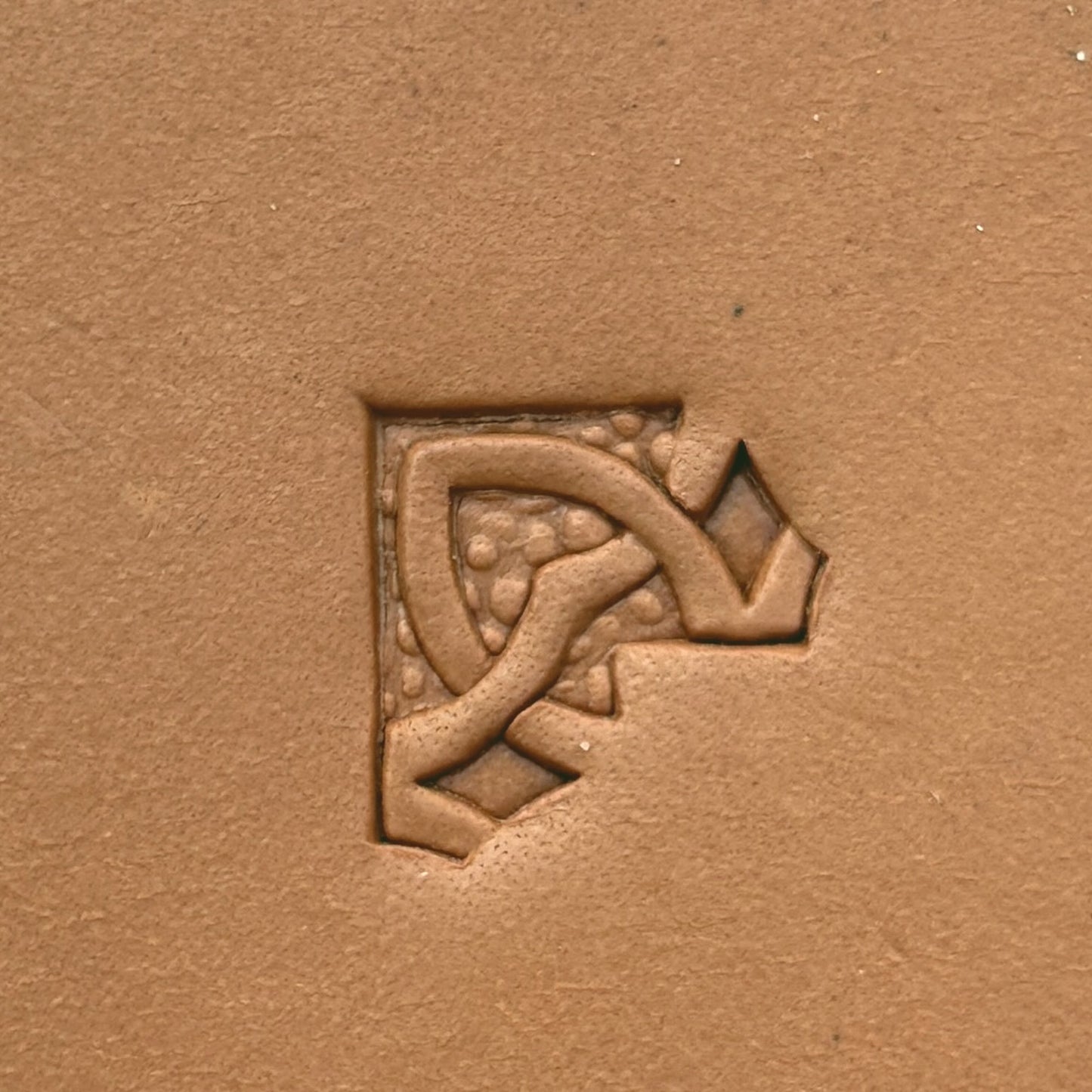 Oval Accent Border + Corner Geometric leather stamp LT522 — single impression on veg-tan leather