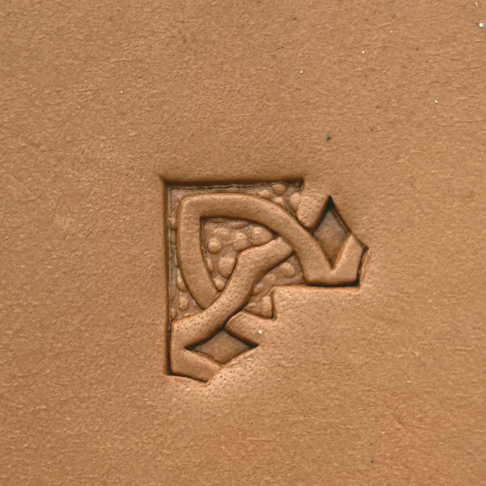 Oval Accent Border + Corner Geometric leather stamp LT522 — single impression on veg-tan leather