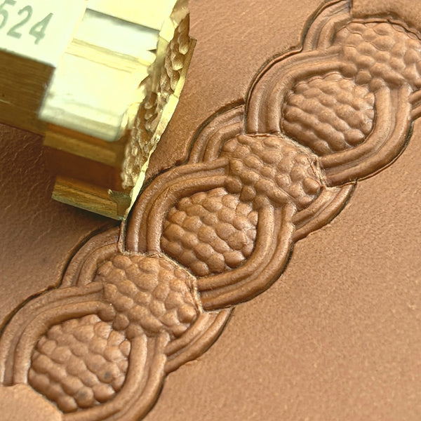 Celtic Texture Basket Weave leather stamp LT524 — brass stamping tool with imprint on natural veg-tan leather