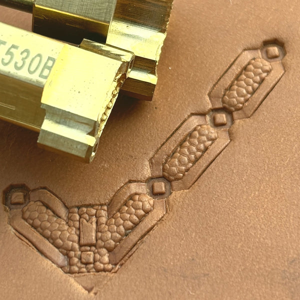 Honeycomb Link Geometric leather stamp LT530 — brass stamping tool with imprint on natural veg-tan leather