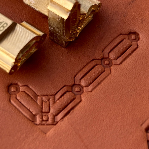 Chain Geometric leather stamp LT531 — brass stamping tool with imprint on natural veg-tan leather