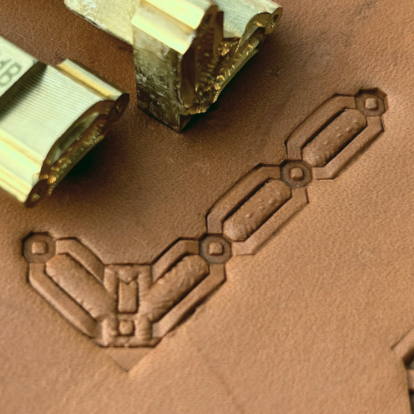 Chain Geometric leather stamp LT531 — brass stamping tool with imprint on natural veg-tan leather