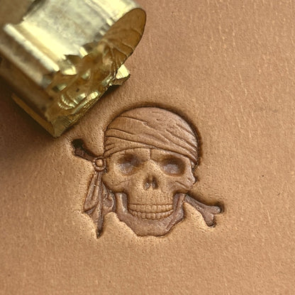Pirate Skull leather stamp LT551 — brass stamping tool with imprint on natural veg-tan leather