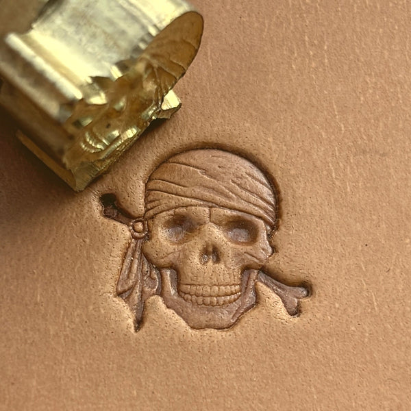 Pirate Skull leather stamp LT551 — brass stamping tool with imprint on natural veg-tan leather