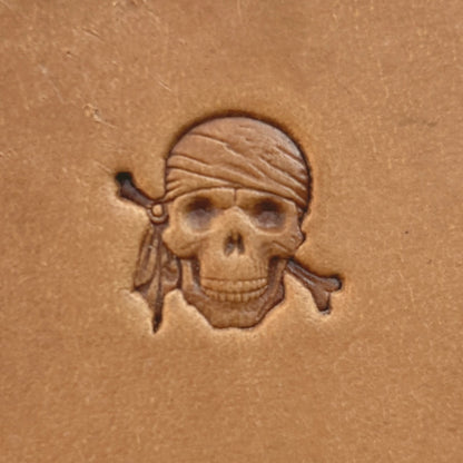 Pirate Skull leather stamp LT551 — single impression on veg-tan leather