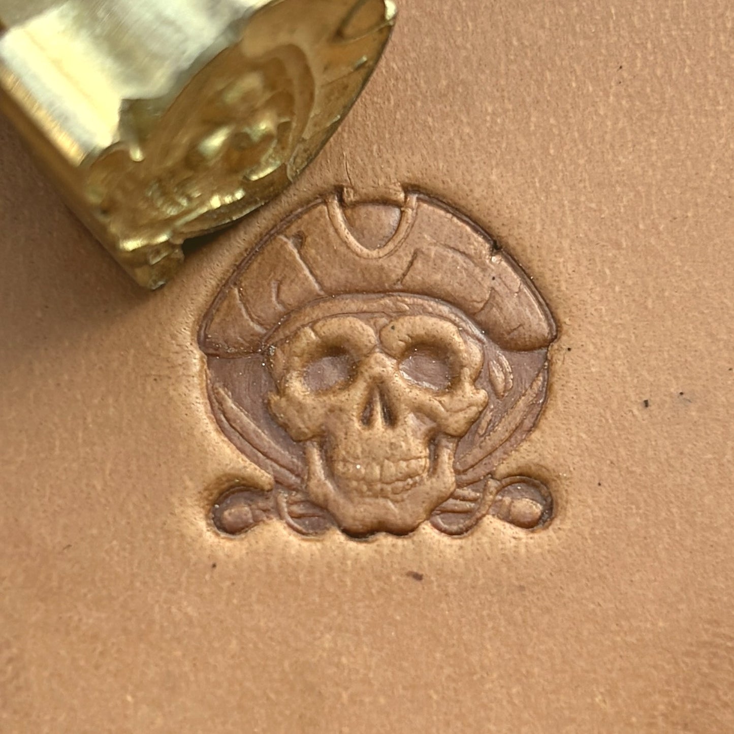 Pirate Hat Skull leather stamp LT552 — brass stamping tool with imprint on natural veg-tan leather